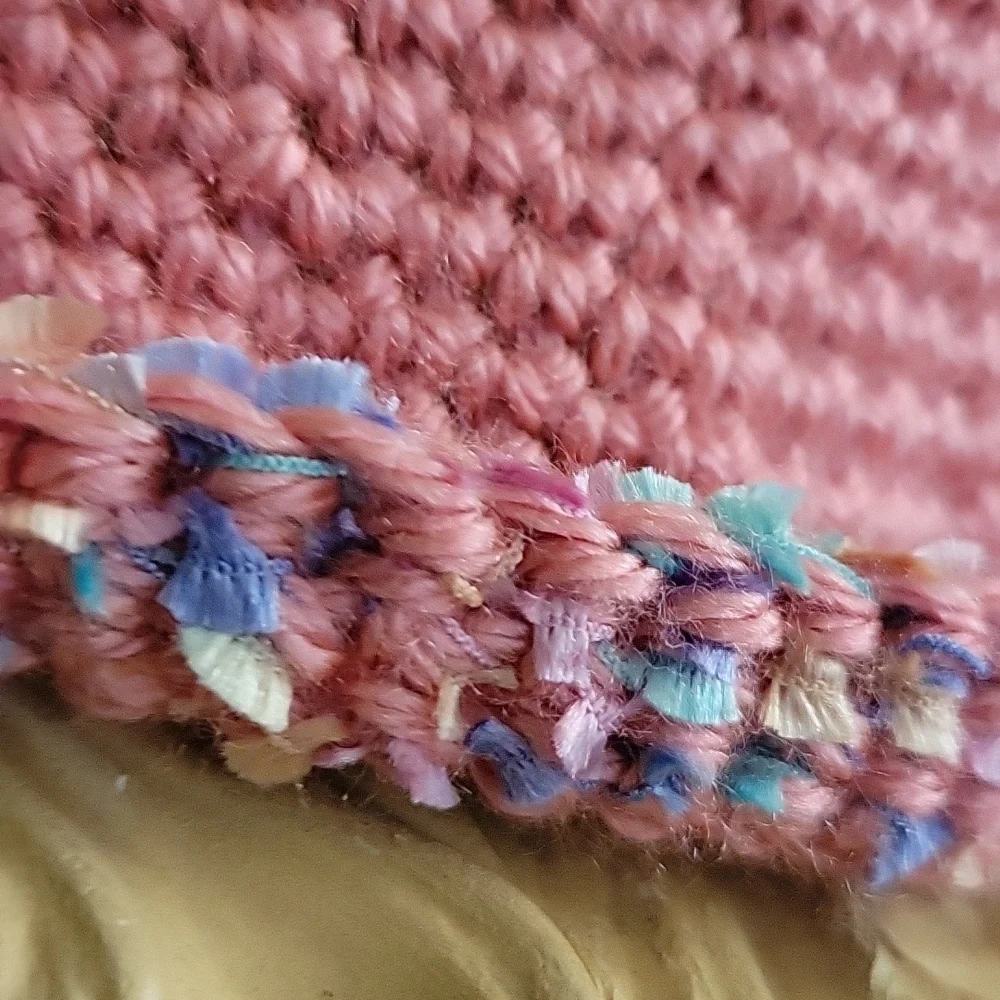 Hand crochet hat with brim.  Womans pink multi-colored eyelash year trim